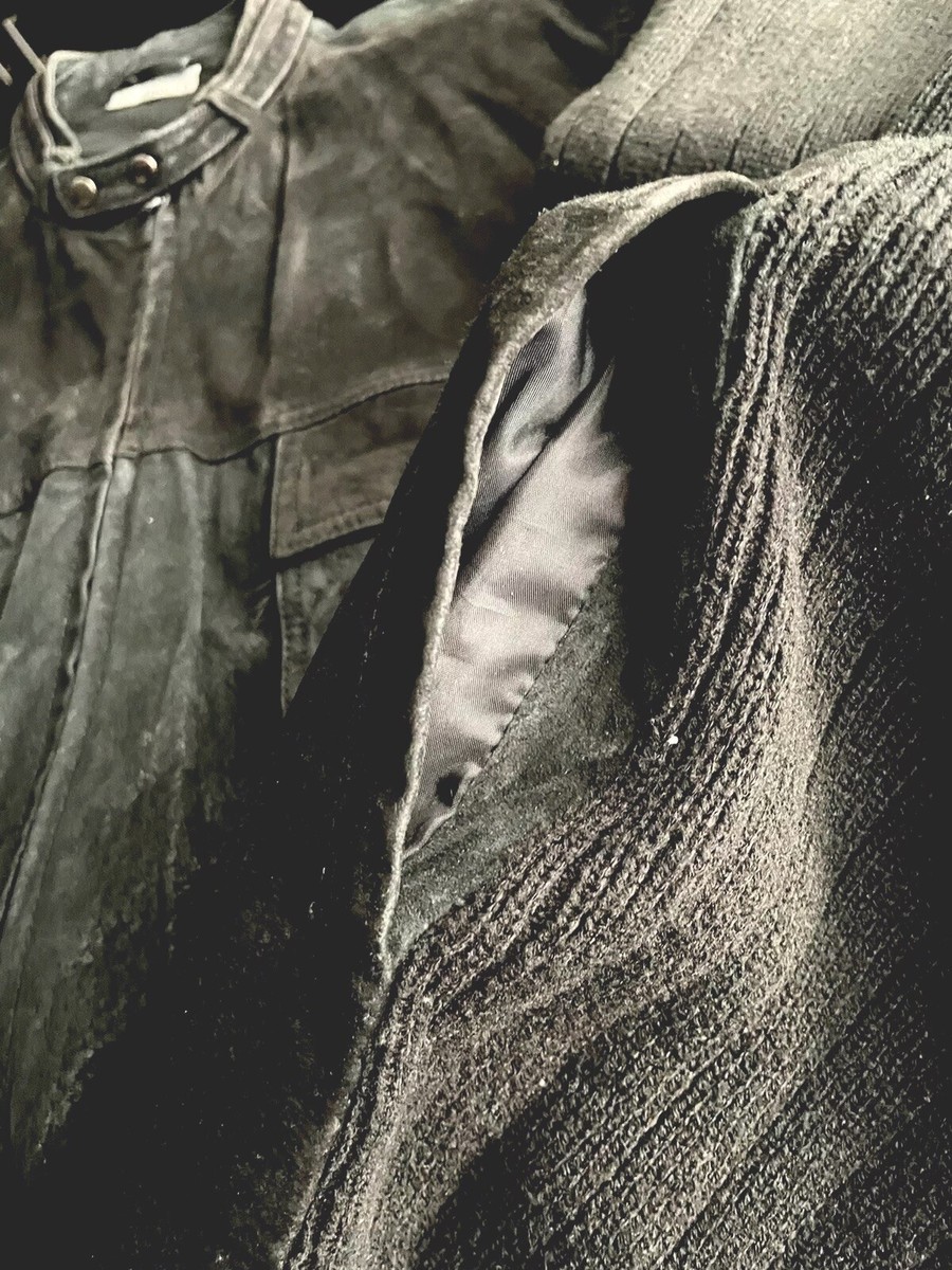 ADOLFO SUEDE LEATHER FRONT KNIT ZIP UP MOTO STYLE JACKET BLACK