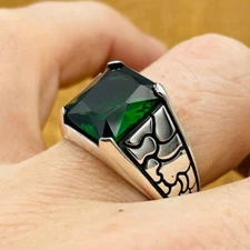 Turkish Emerald Gemstone 925 Silver Ottoman Handmade Cocktail Mens Rings MR#418