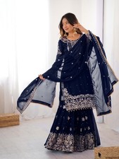 Navy Blue Pearls Punjabi Sharara Palazzo Suit Plazzo Kurti Moti Salwar Kameez