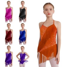 US Girls Rhinestones Tassel Dance Leotard Halter Neck Fringe Bodysuit Dancewear