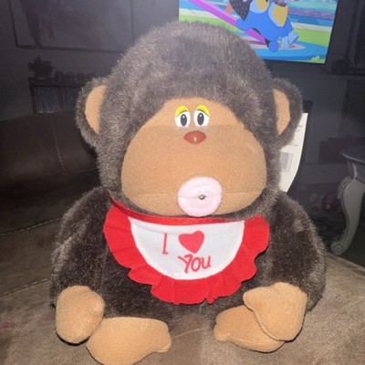 Talent Inc. Whistle Monkey Sensor Battery Operated Plush Toy 1996 Brown Red Bib