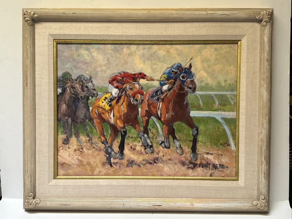 FLINT REED PAINTING HORSE RACES RACING RACETRACK AMERICAN LISTED FAMOUS OIL 24" - Image 2 of 4