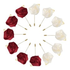 12 Pcs Groom Boutonnieres Rose Boutonnieres Pins Deep Red/Milky White