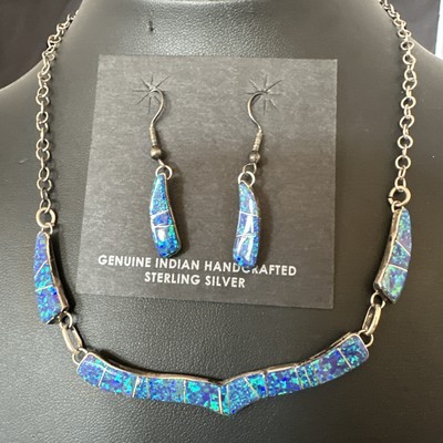 Old Pawn Blue Gilson Opal Necklace Inlay Navajo Sterling Silver 16'' Earrings