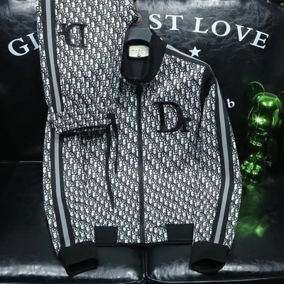 Mens High-End Casual Splice Print Suit Long-Sleeve Fashion Sports Two-Piece Set