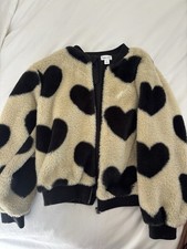 Splendid Girls Faux Fur Heart Jacket Size 8 Cream Black Cozy Zip Up