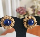 Vtg. Signed Miriam Haskell Gold Filigree, Blue Cabachon Glass Earrings
