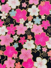 Japanese Cotton Fabric – Sakura Cherry Blossom Floral Black Pink Gold (2 Meters)