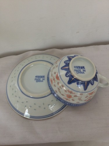Vintage Chinese Tea Cup & Saucer Set Rice Blue White Linglong Dragon Multicolor - Picture 14 of 20