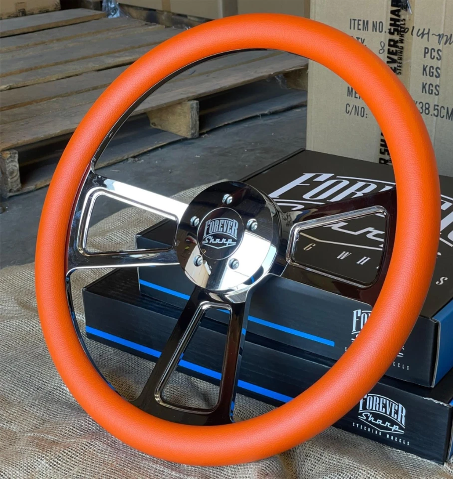 Volante semi camión cromado de 18 pulgadas con empuñadura de vinilo naranja - 5 orificios Foto 2 de 4