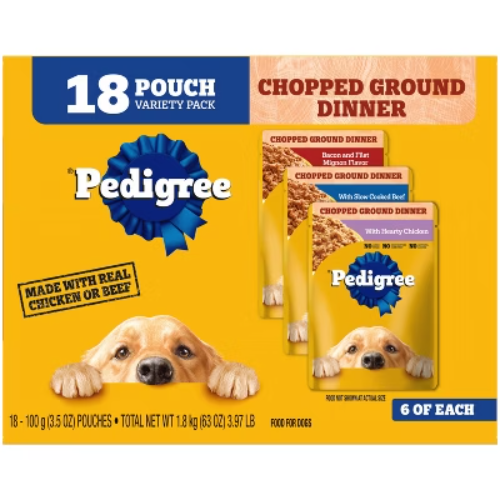 Pedigree Chopped Ground Dinner Wet Dog Food with Chicken Steak Beef and Bacon 63oz