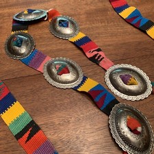 VTG Tooled Stamped Silver Tone Concho Hand Woven Serape Native Belt S M L 68.5  