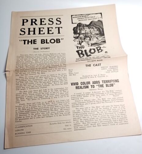 The Blob (1958) Original Press Sheet Steve McQueen Movie Film Prop Press Pack - Picture 1 of 2