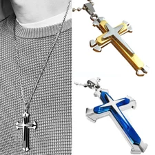 Mens Stainless Steel Cross Crucifix Bible Prayer Pendant Necklace 19" Chain Gift