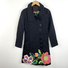 Desigual Women Size 38 Us 6 Small Black Brocade Floral Coat Mid Length Jacket