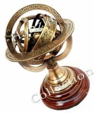 Engraved Brass Tabletop Armillary Nautical Sphere World Globe With Base Table
