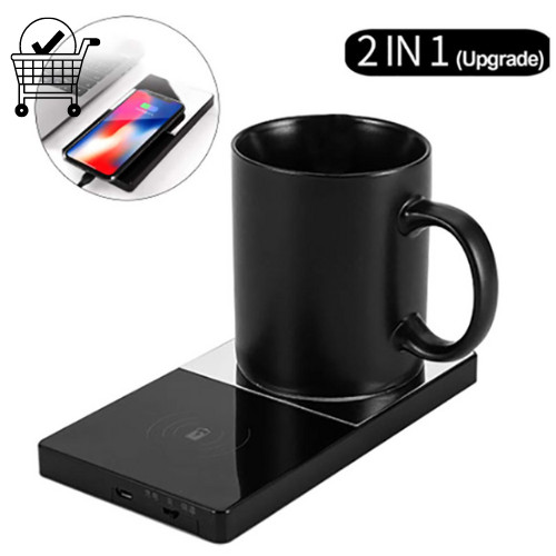 Chauffe-tasse 2-en-1 et chargeur sans fil à induction noir en aluminium pour bureau