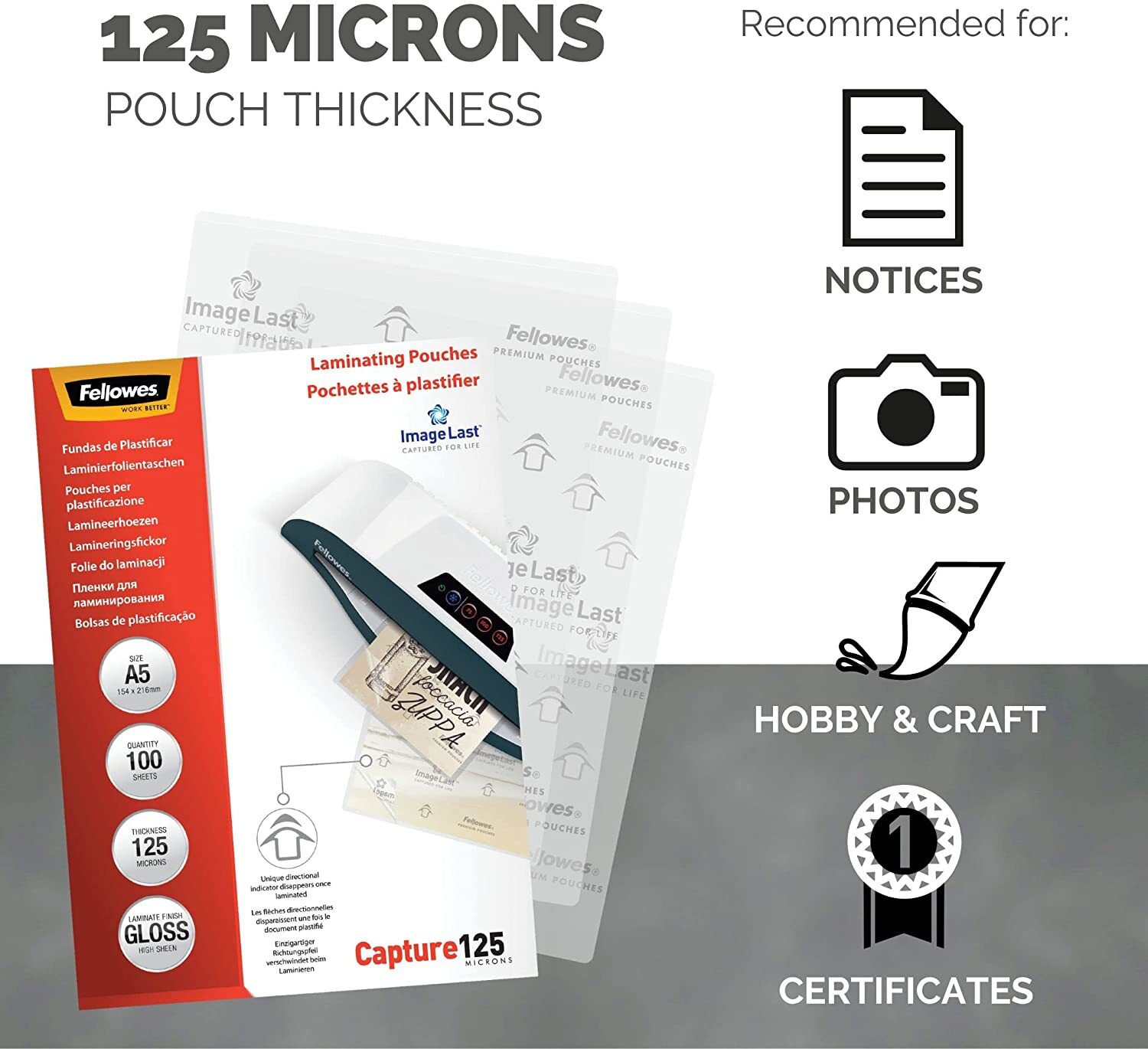 Fellowes A5 Laminating Pouches Gloss Finish 100 Sheets, 250 Micron
