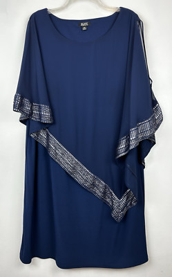 SLNY Dress Women 18W Navy Knee Length Mother of the Bride Gown Flowy Drapey Read