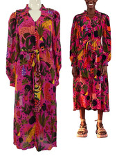 FARM RIO Dress Midi Maxi Pop Leopard Tropical Print Pink Shirt Dress  Size M