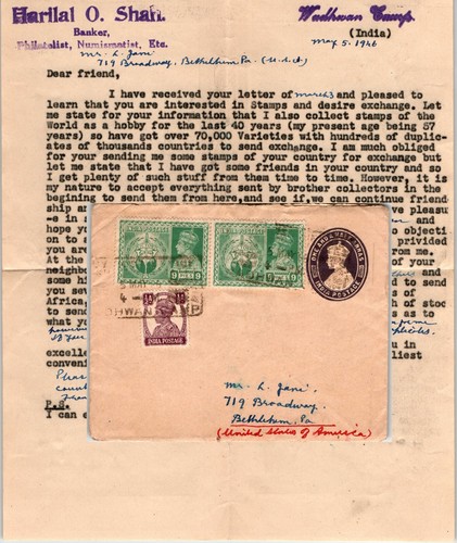 1946 Correspondence Letter Postal History - India - Bethlehem PA USA 9 Pies