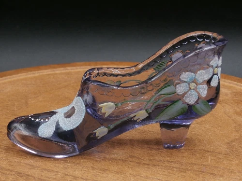 Vintage Fenton Purple Glass Shoe Hand-Painted Florals Signed A. Greathouse NICE!