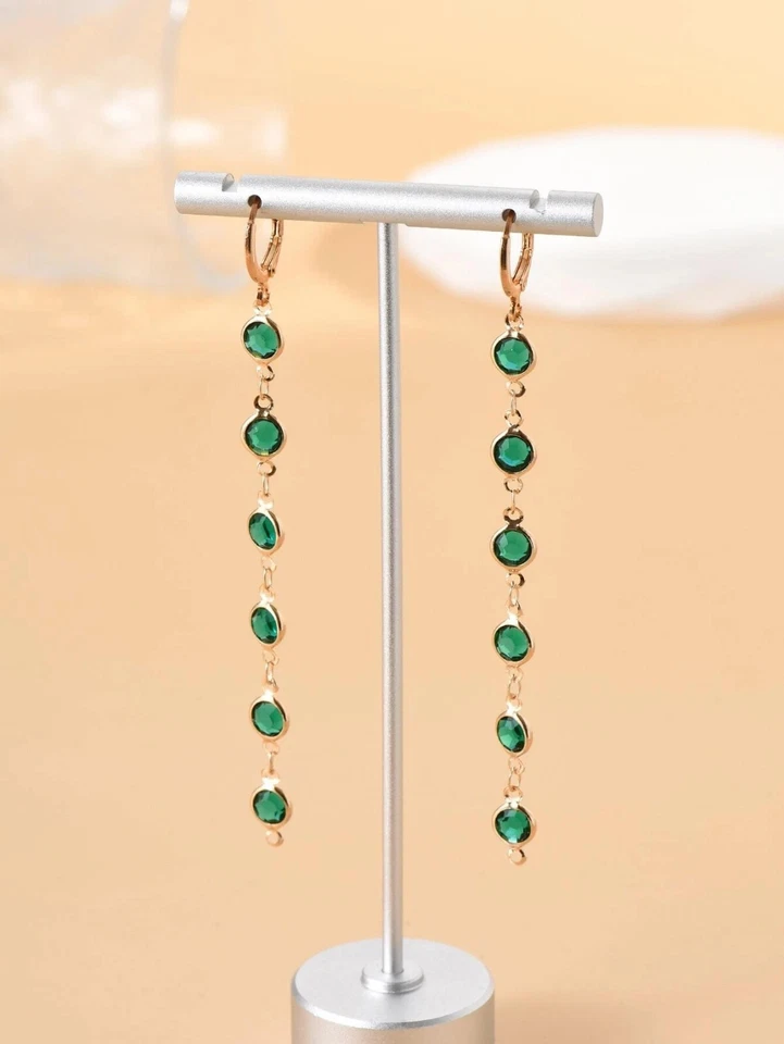 1pair Womens Girls Long Gold Metal Green Rhinestone Decor Dangle Drop Earrings - Image 3 of 3