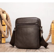 Men's Small Crossbody Bag Genuine Leather Vintage Brown Shoulder Bag with Zipper