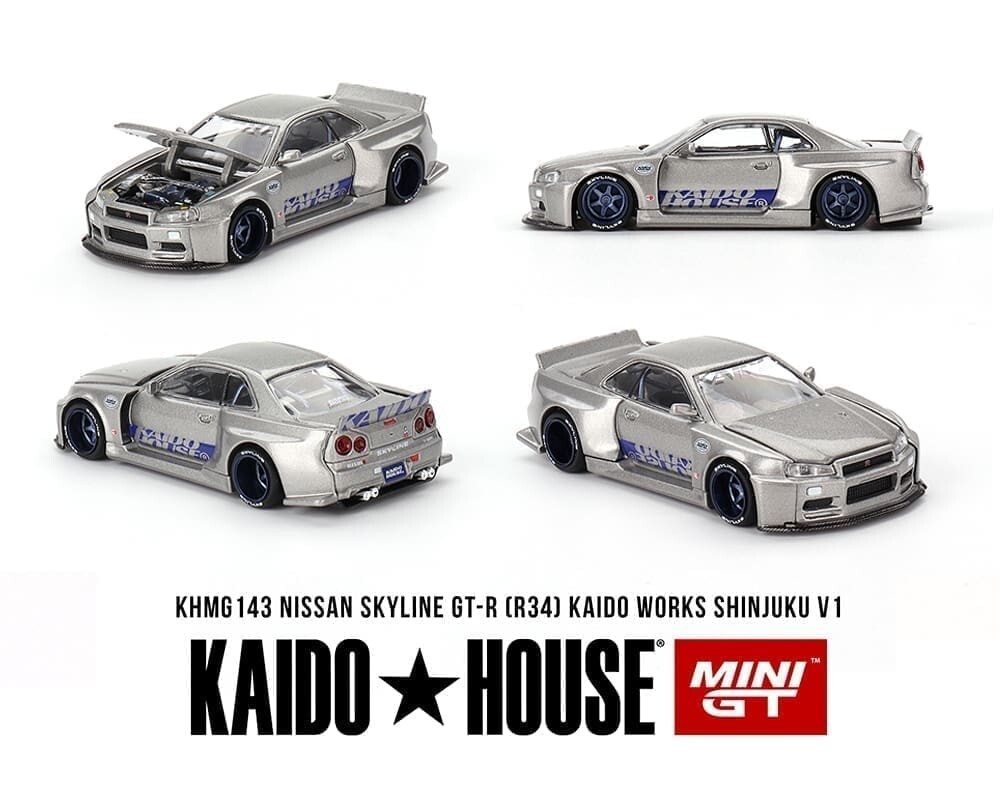 NISSAN GT-R R34 KAIDO WORKS SHIN JUKU V1 1/64 SILVER KHMG143 MINI