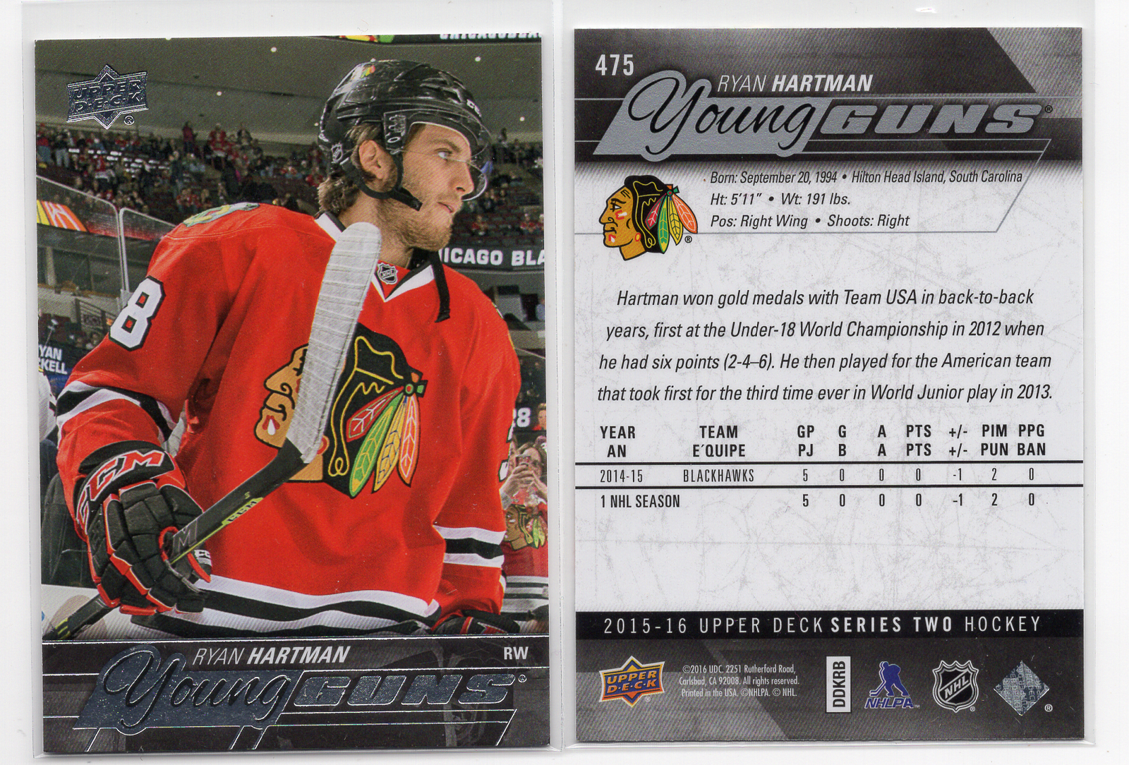1X RYAN HARTMAN 2015 16 Upper Deck #475 YOUNG GUNS Rookie RC Lots Available