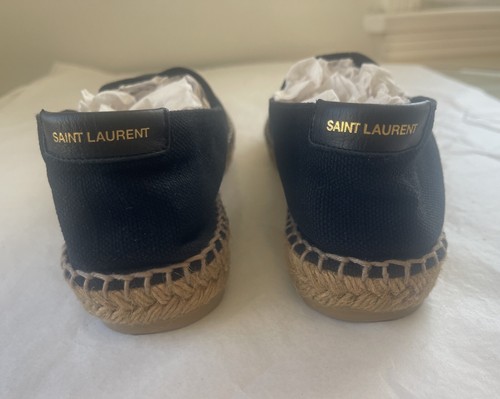 YSL Saint Laurent Blk Canvas Signature Embroidered Espadrilles Flats~39 1/2~$725 - Picture 6 of 14
