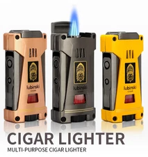 Lubinski 3Jet Blue Flame Torch Lighters Metal Refillable Cigar W/ Cigar Drill