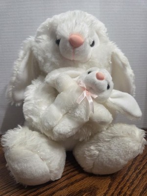 White Plush Bunny Rabbit  Momma & Baby Stuffed Animal 10'' Sitting