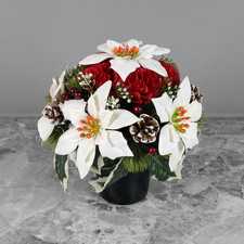 Grave Pot Artificial Flowers Xmas Ivory Poinsettias/Red Carnations & Small Cones