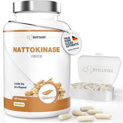 Nattokinase 365 Kapseln je 100 mg (20.000 FU/g) - 8 Monatsvorrat inkl. Pillenbox