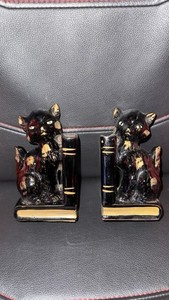Vintage Japan Black Cat Redware Bookends Pen Holders