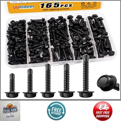 165pcs #8 #10 Self Tapping Screws Set 410 Stainless Steel Black Hex Washer Head