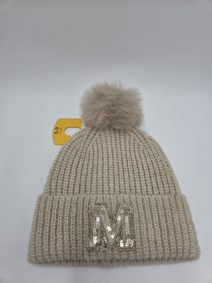 Primark M Initial Pom Pom Beanie, New, Gold, Youth Size 5-9
