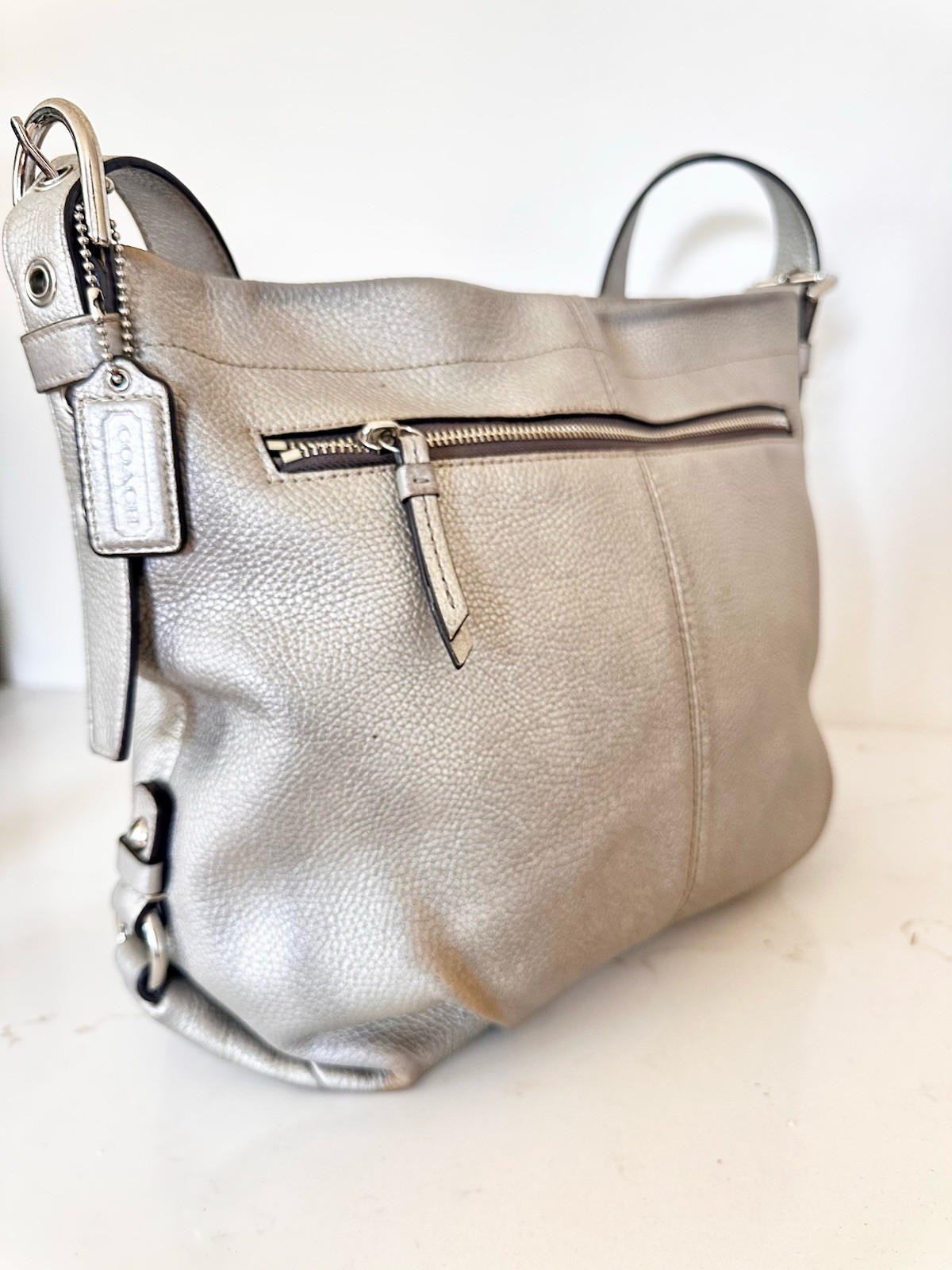 Coach Metallic Silver Peebled Leather Hobo Duffle Crossbody Shoulder Bag F15064