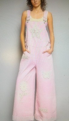 POL Pink Paisley Floral Butterfly Star Crochet Patch Pearl Bead Overalls NEW