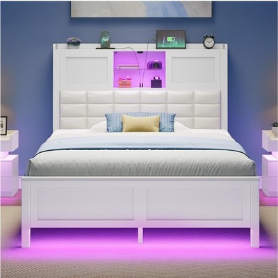 Bed Frame Twin Size with Charging Station, Bookcase Headboard Bed with LED Li...