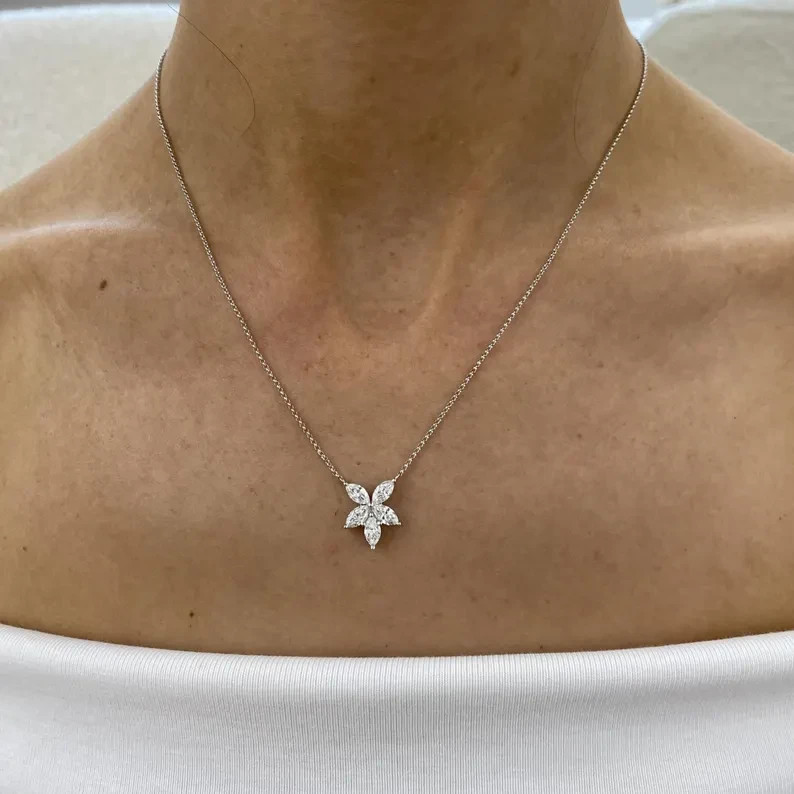 1.25 Ct Lab Grown Marquise Cut Diamond Flower Necklace, 14K White Gold Necklace