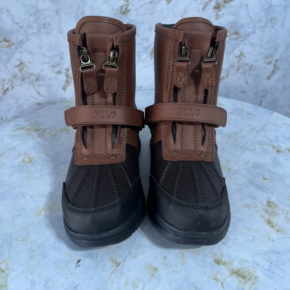 Polo Ralph Lauren Conquered Youth 儿童 3 码鞋棕色黑色拉链靴 — 第 3/4 张图片