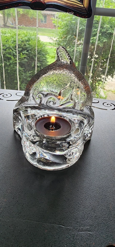 Candelabro de delfín de vidrio transparente vintage años 90 - decoración náutica Ocean Wave Foto 3 de 4