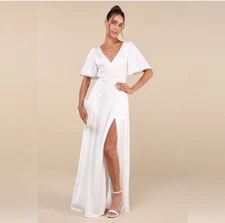 Lulus Elegant Confidence NWT Medium White Satin Flutter Sleeve Cutout Maxi Dress