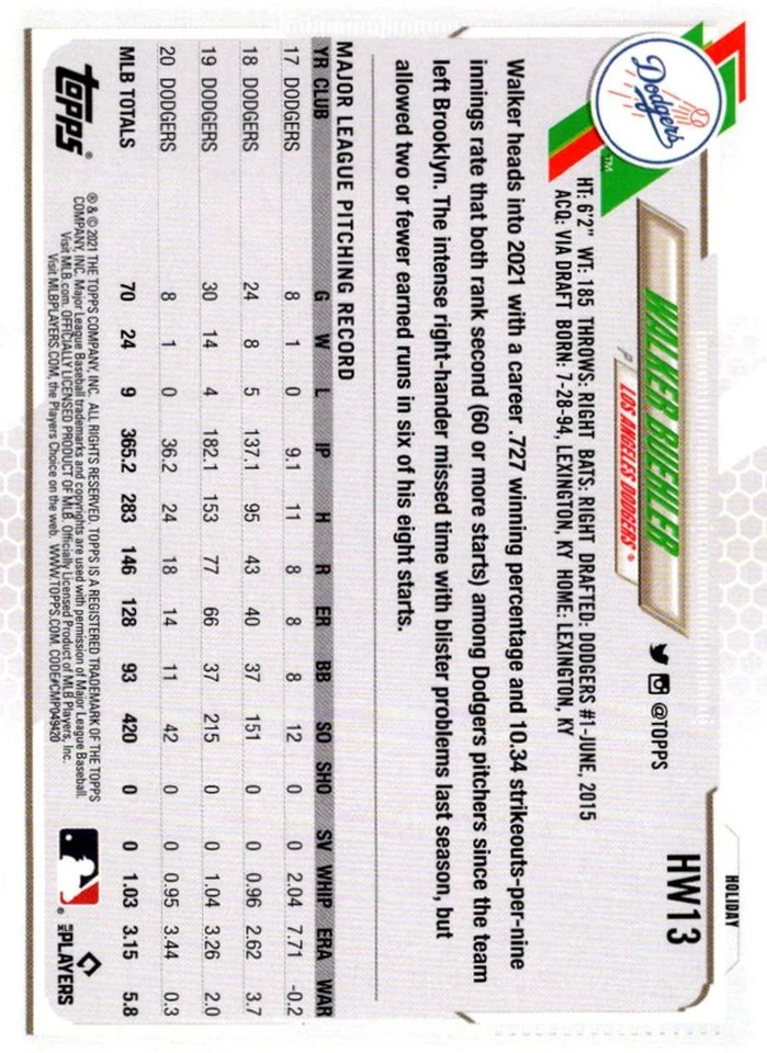 2021 Topps Holiday Walker Buehler Los Angeles Dodgers #HW13 - Image 2 of 2