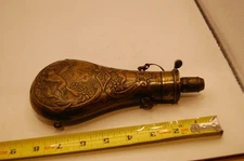 G & J.W. Hawksley Antique Copper & Brass Powder Flask fox hare duck pheasant
