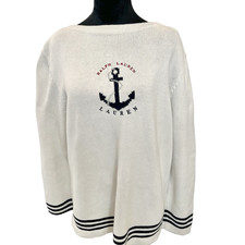 Vintage Lauren Ralph Lauren Large Womens Sweater Anchor White  Blue Nautical