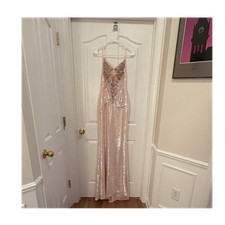 Women's Pink Sequin V-Neck Sleeveless Strappy Long Solid Gown Dress Regular