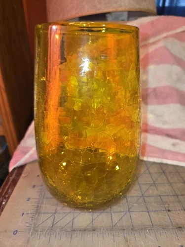 VTG. YELLOW Crackle Glass Vase 9" Tall BLENKO?